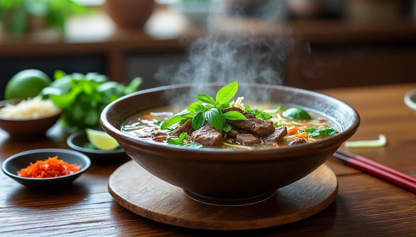 authentisches rezept für pho suppe: original vietnamesische nudelsuppe mit frischen zutaten und traditionellen aromen, einfach zu kochen.